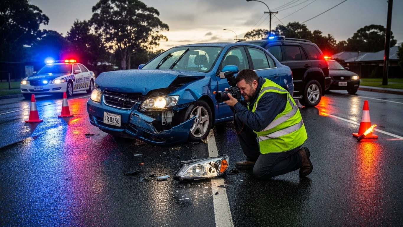 Documenting car accident scene with photos