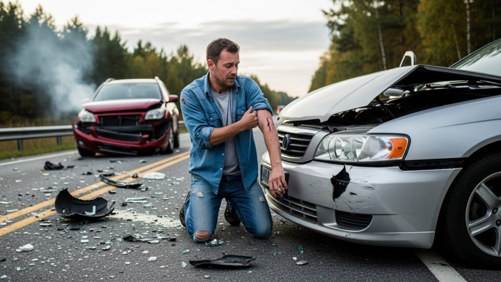 Driver checking for injuries after a car accident