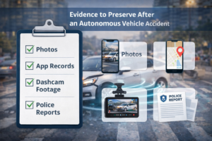 Checklist illustration of evidence to preserve after an autonomous vehicle accident