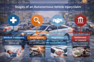 Timeline infographic showing the stages of an autonomous vehicle injury claim from medical treatment to investigation