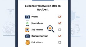 Checklist illustration of evidence to preserve after an autonomous vehicle accident, including photos, app records, dashcam footage, and police reports