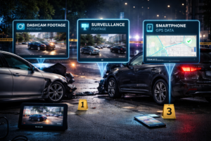 Crash scene with digital evidence markers for dashcam footage, surveillance, and smartphone GPS data