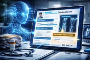 Illustration of AI highlighting key medical record details in a personal injury case