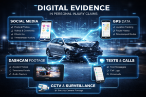 Infographic showing types of digital evidence in personal injury claims, including social media, GPS, and dashcam footage