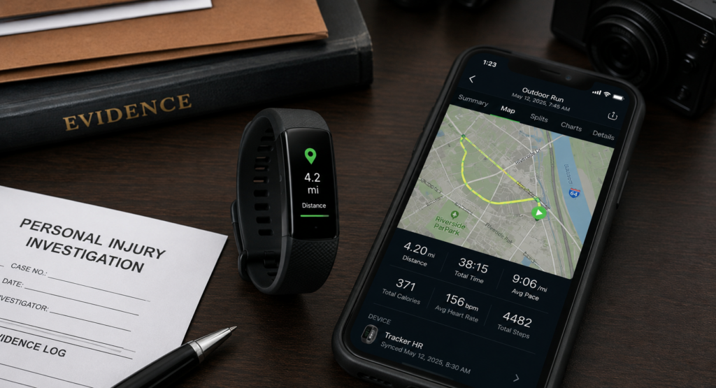 Fitness tracker and smartphone showing activity and GPS data used in a personal injury investigation