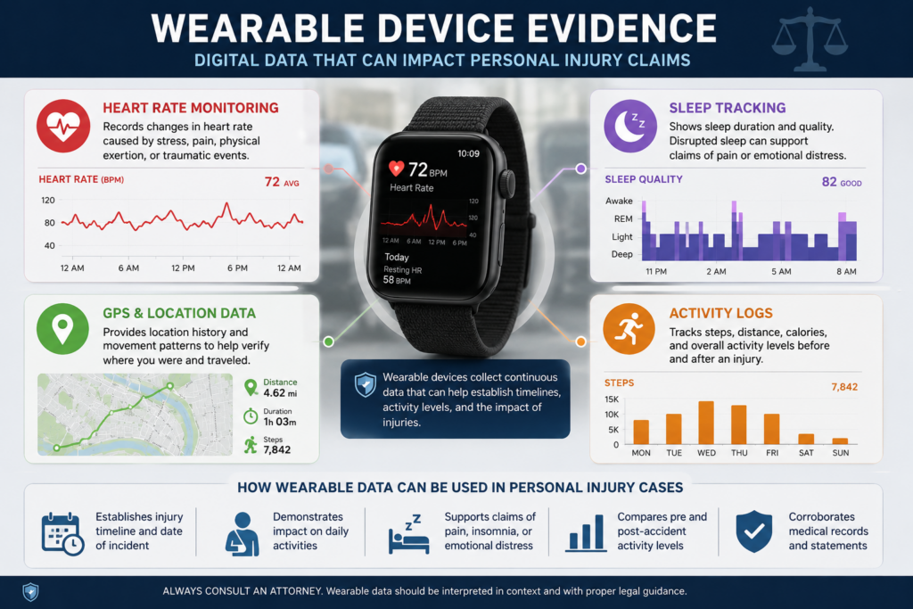 Infographic showing wearable device evidence including heart rate, sleep tracking, GPS, and activity logs
