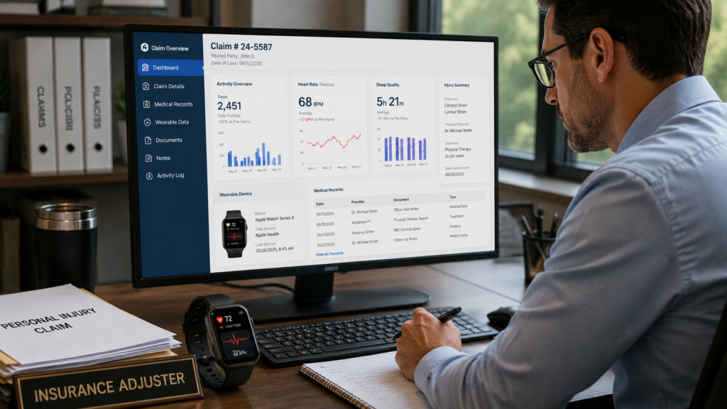 Insurance adjuster reviewing smartwatch health data and digital injury records