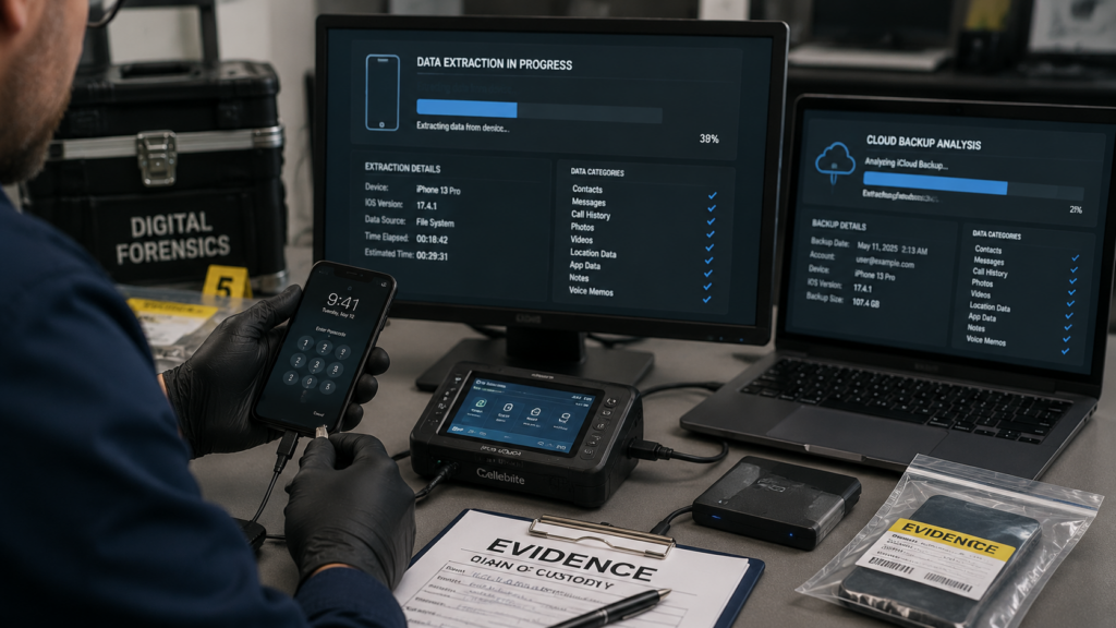 Forensic expert extracting smartphone data and cloud backups to support personal injury claim evidence