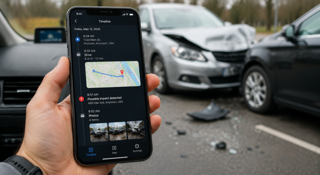 GPS route history and accident scene photos displayed on a smartphone used for personal injury evidence