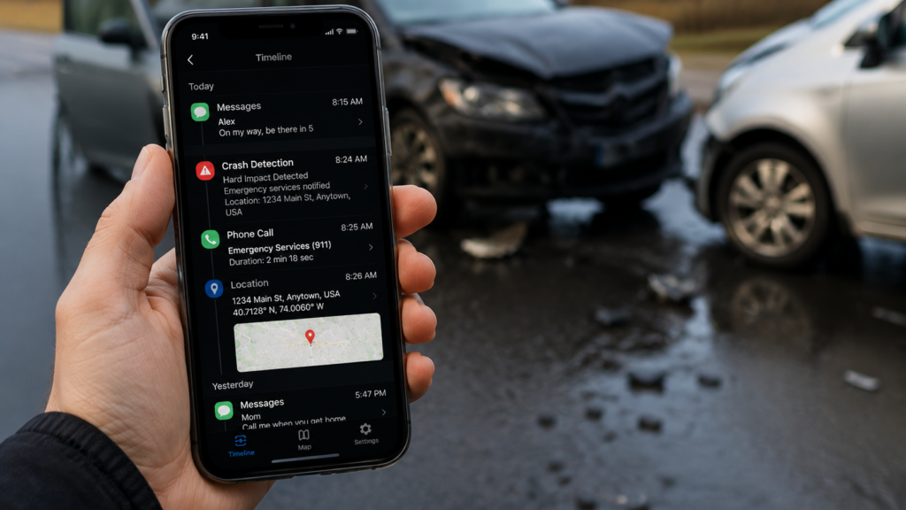 Smartphone screen showing messaging app history, crash notification, and timeline data as personal injury evidence