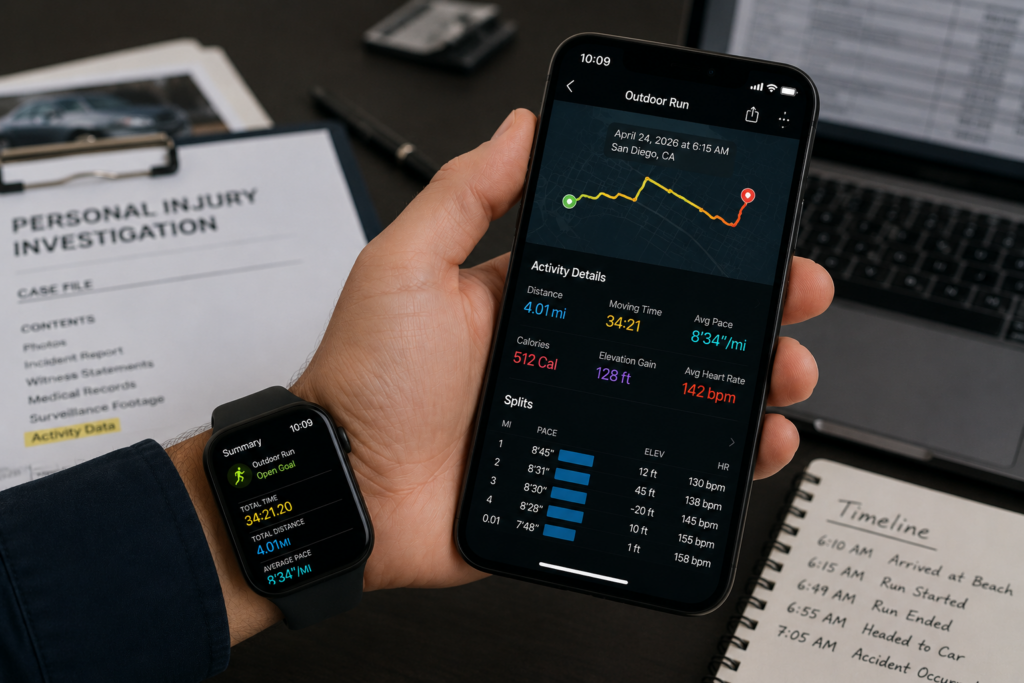 Fitness tracker and smartphone showing activity and GPS data