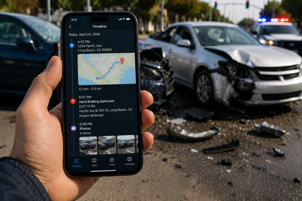 GPS route history and accident scene photos displayed on a smartphone