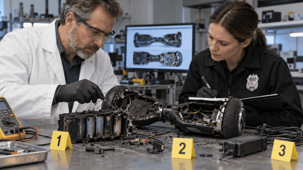 Electrical engineer and fire investigator inspecting burned hoverboard components