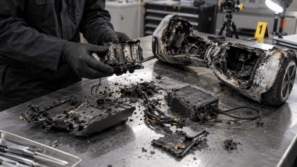 Fire investigator examining burned hoverboard battery cells and charger after a lithium-ion fire